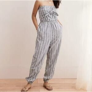 Aerie Strapless Jumpsuit Tie Front Pockets Blue White - Size XS